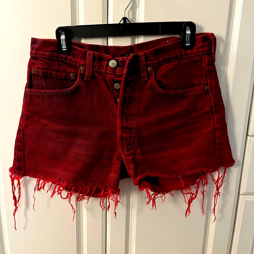 Red distressed Jean shorts